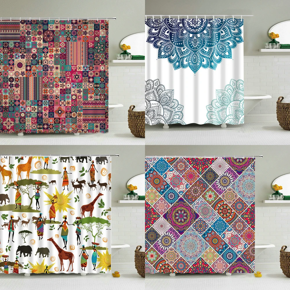 

Retro Indian Mandala Shower Curtain Moroccan Bathroom Mildew Resistant Washable Waterproof Polyester Fabric for Bathtub Decor