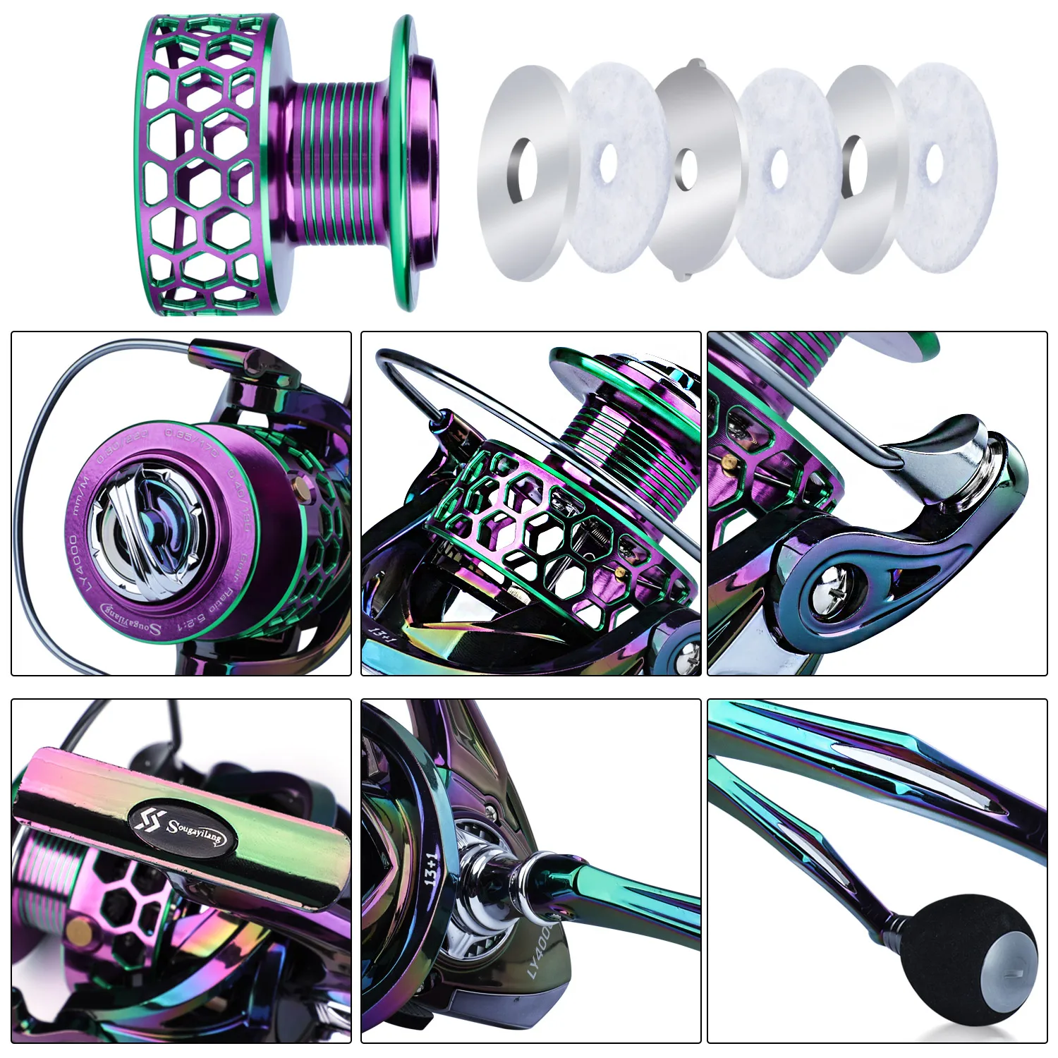 Sougayilang 1000-4000 Spinning Fishing Reel Colorful 13+1BB Perforated  Appearance Fishing Reel Aluminium Spool Max Drag 8Kg