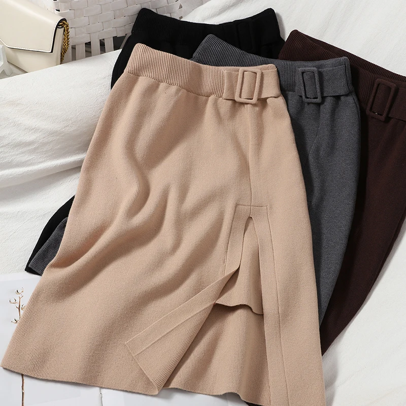 

Spring and autumn new high waist skirt female Korean version of pure color hip skirt split knit one step skirts womens 2020