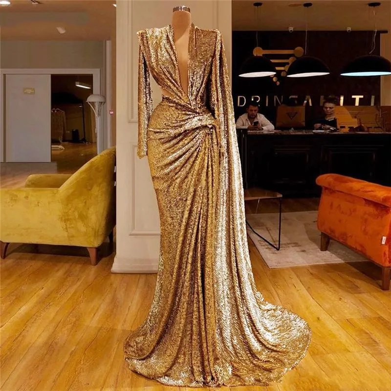

Sequined Gold Prom Dresses With Deep V Neck Pleats Long Sleeves Mermaid Evening Dress Dubai African Party Gowns