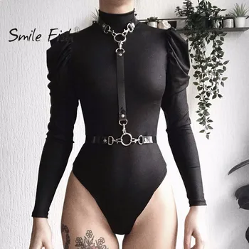 

Black Sexy Bodycon Body Bodysuits Women Spring Ruffle Long Sleeve Gothic Darkness Body Suit Lady Zipper Turtleneck Romper M0702