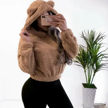 

New 2019 Winter Womens Cute Bear Ears Sweatshirts Fluffy Sweatshirt Casual Hoodies Long Sleeve Pullover Blouse Jumper Tops