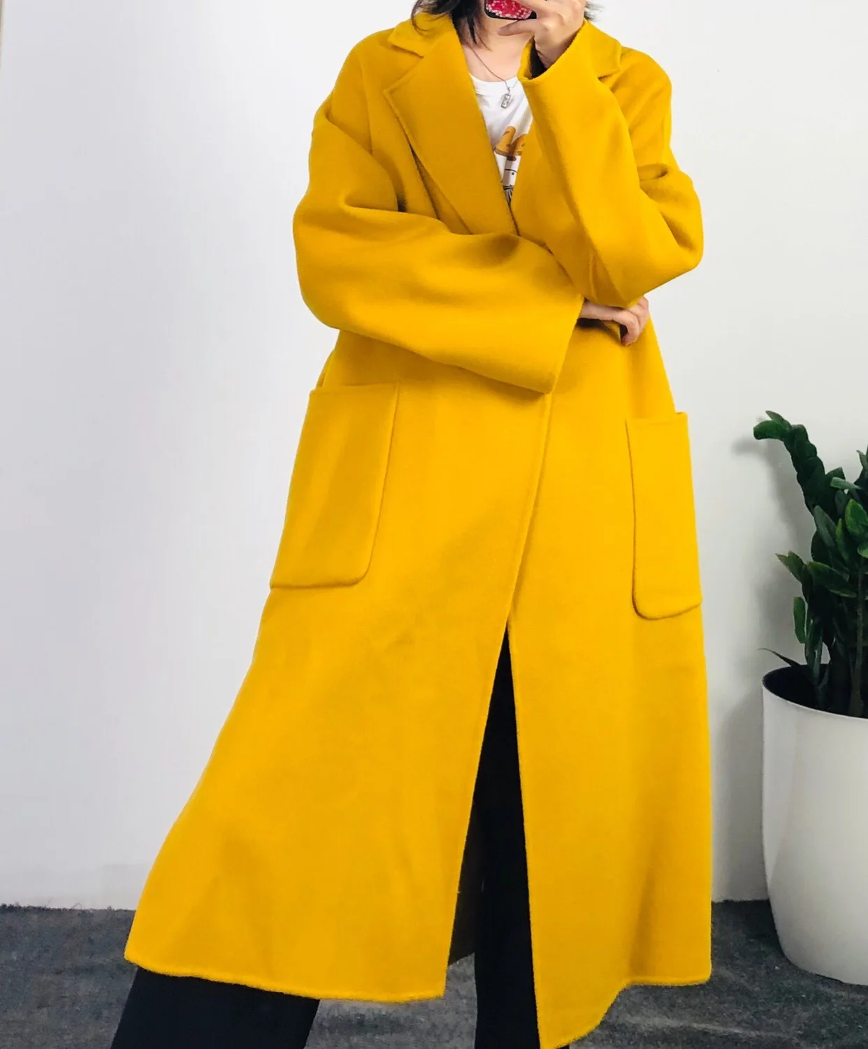 Высококачественное двустороннее свободное теплое пальто из кашемира с разрезом и карманом, осеннее пальто с отворотом для женщин средней длины, плотное Женское шерстяное пальто - Цвет: yellow