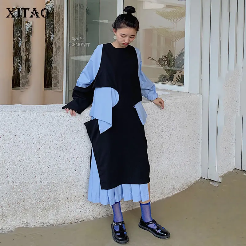XITAO винтажное асимметричное платье, Модное Новое зимнее лоскутное плиссированное платье с высокой талией, пуловер богиня веер, свободное платье DMY2139