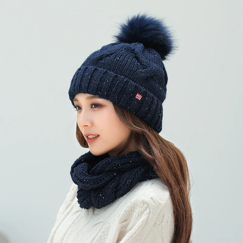 Вязаная зимняя шапка и шарф, комплект, Женская Толстая теплая шапка бини шарф женский для девочек Pom Beain однотонные шляпы