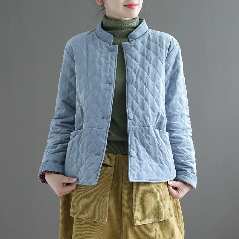 

Autumn And Winter New Style Literature And Art Suede Rhombus Cotton Coat Mori Girl Line Stand Collar Solid Color Cotton-padded J
