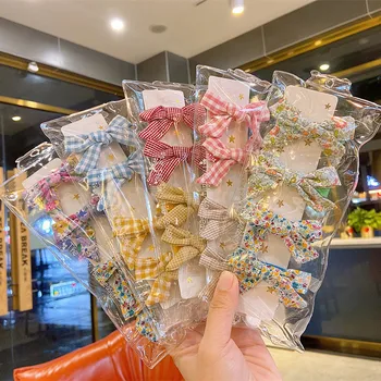 

2 Pair New Korean Sweet Girl Fashion Plaid Floral Fabric Bow Duckbill Clip Simple Beautiful Children Hairpins Hair Accessories