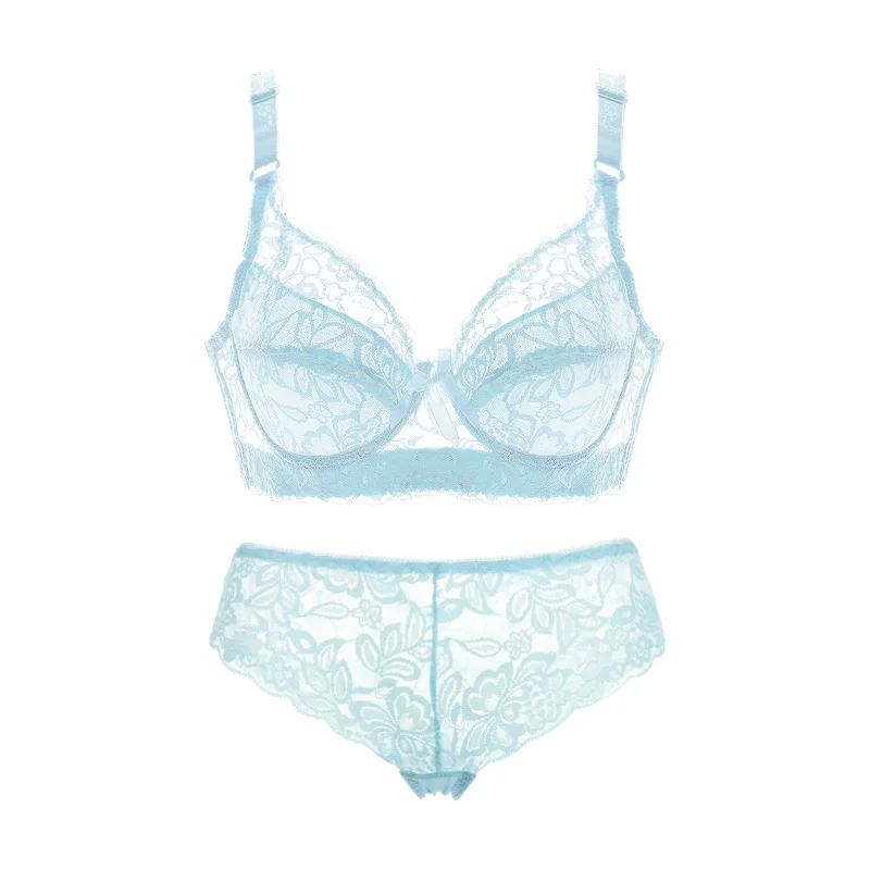 Light Blue Женский кружевной хлопковый бюстгальтер с глубоким v-образным вырезом, нижнее белье с цветочным рисунком, костюм, пуш-ап, комплекты бюстгальтеров, нижнее белье, бюстгальтеры и трусики, Женские однотонные кружевные короткие комплекты фиолетового цвета - Цвет: Light Blue
