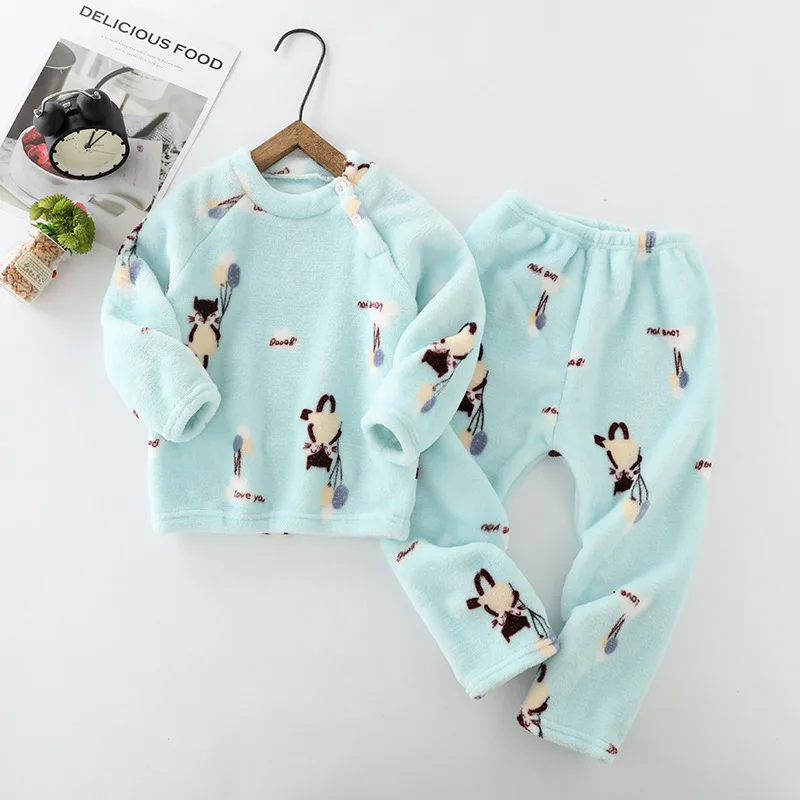 Новые зимние фланелевые детские пижамы, комплекты для маленьких мальчиков, одежда осенняя теплая одежда для сна для девочек принты животных из мультфильмов детская одежда для сна - Цвет: Light blue fox