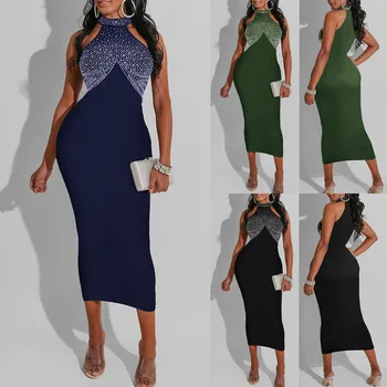

Fashion Sexy Elegant Dress Women's Sexy Solid Diamonds Off Shoulder Sleeveless Tight Party Dress New High Quality #45