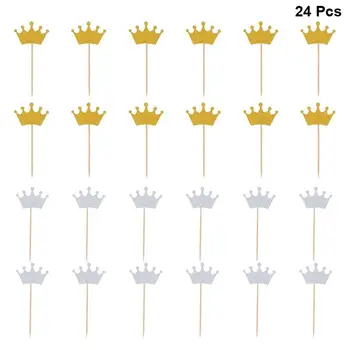 

24pcs Crown Shape Cake Toppers Glitter Paper Cake Picks Cupcake Decor Party Supplies for Wedding Engagement (Golden+Silver)