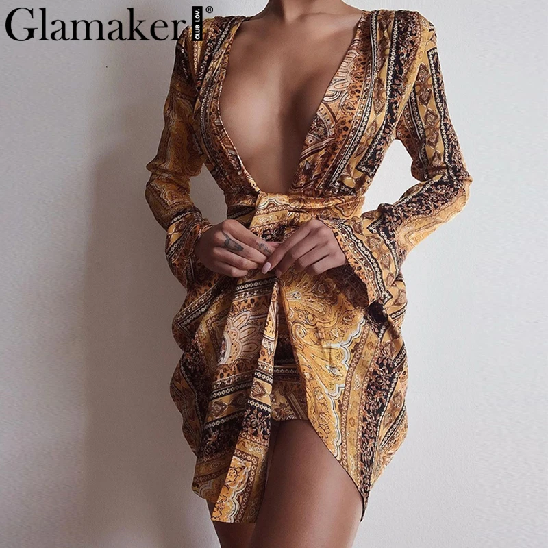 Glamaker, золотое, с принтом пейсли, облегающее платье для женщин, летние, с длинным рукавом, вечерние, Клубное платье, Ретро стиль, сексуальное, с глубоким v-образным вырезом, мини-платье, элегантное