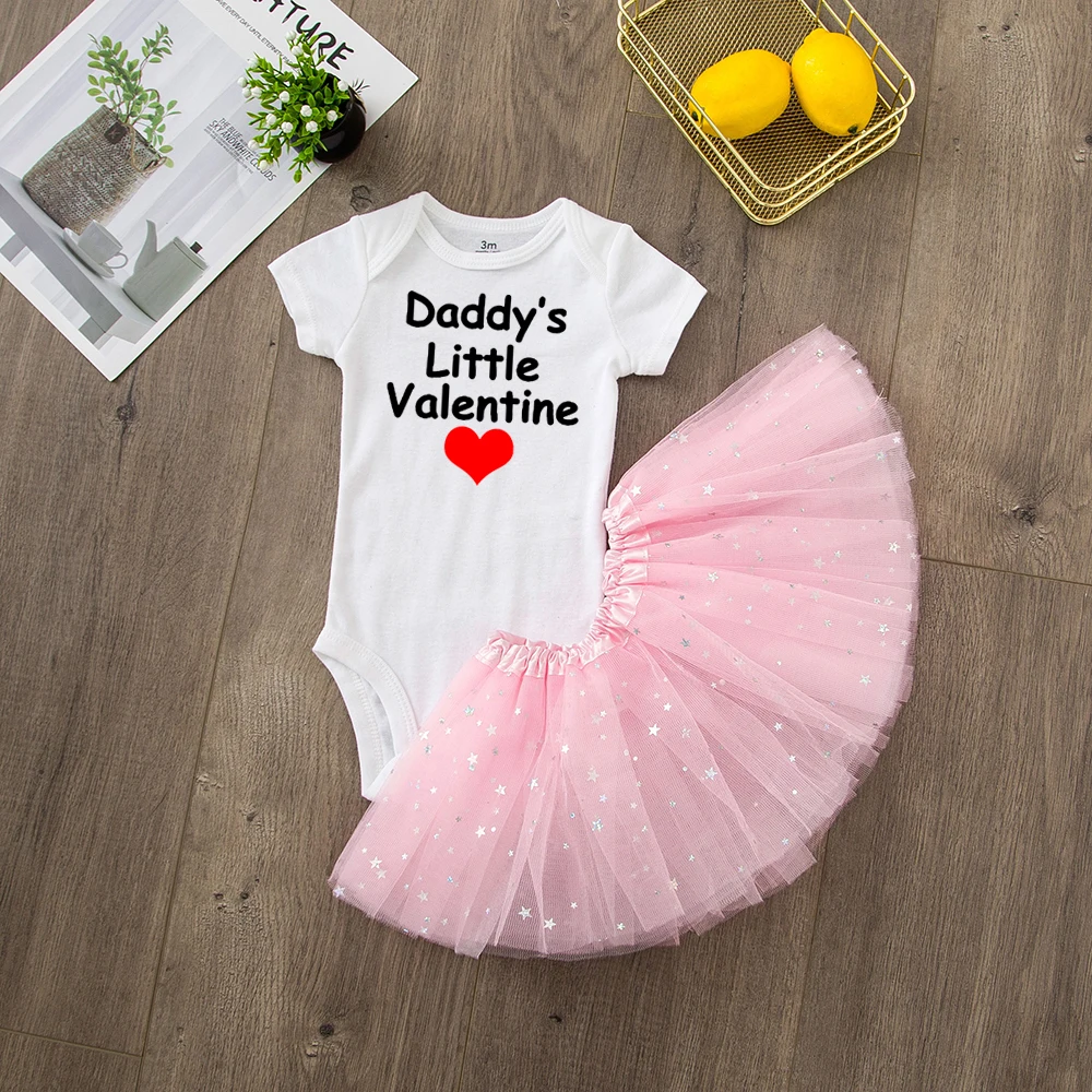 RE85-SQPWHXPK- Daddy's Little Valentine/Милый хлопковый комбинезон с короткими рукавами для маленьких девочек из 2 предметов+ Милая фатиновая юбка-пачка модные комплекты для малышей - Цвет: RE85-SQPWHXPK-