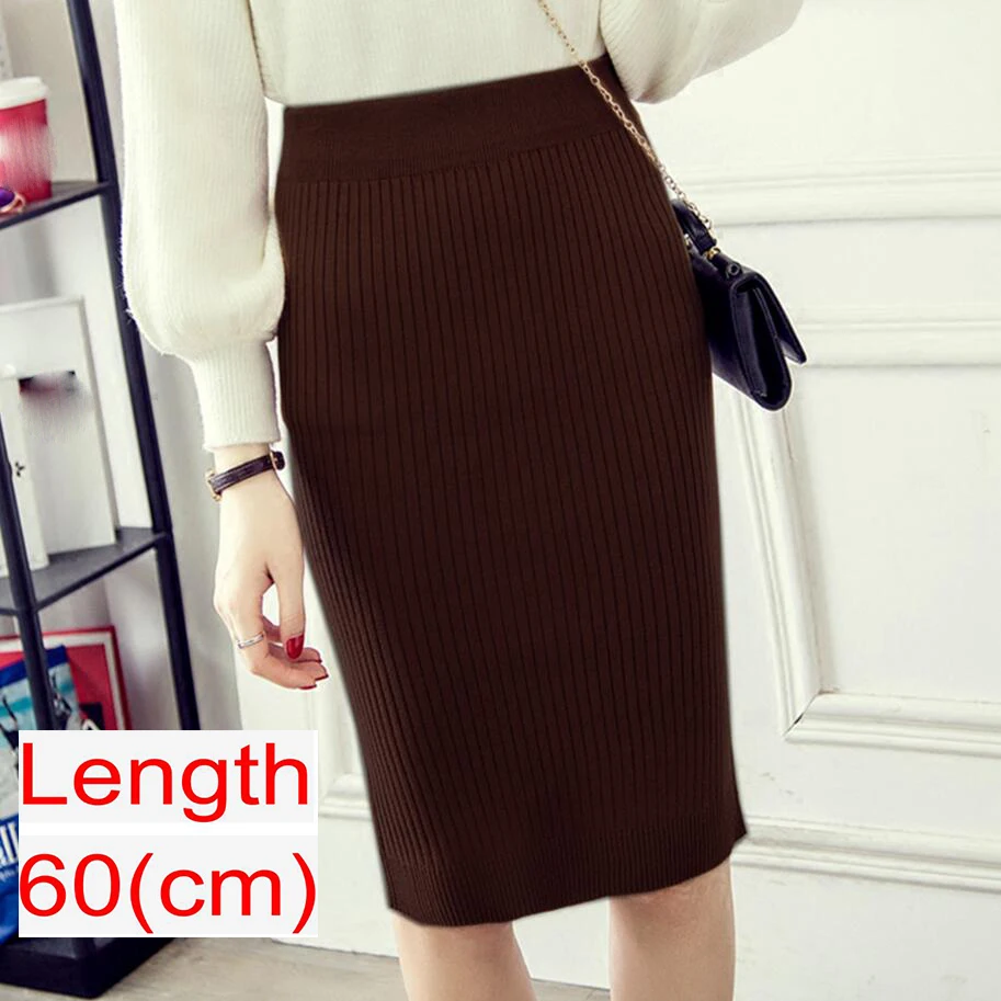 Brown 60cm Женский свитер, юбка-карандаш, миди, вязаная юбка, высокая талия, юбки для женщин, s, весна, осень, длинные, теплые, вязаные, юбки с разрезом - Цвет: Brown 60cm