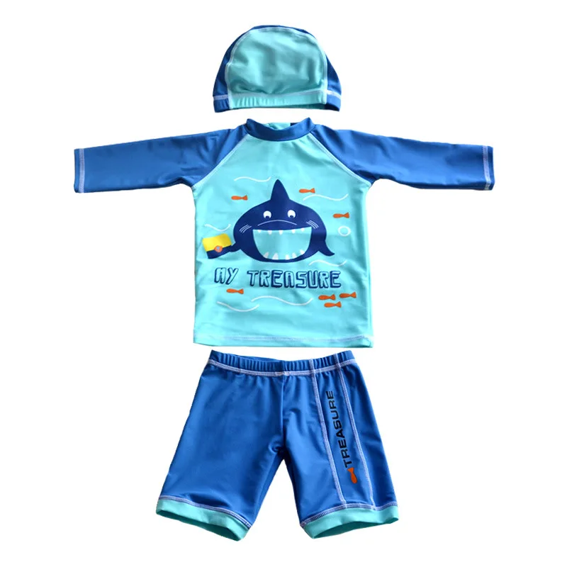 

Micro Boy Bluish Green Shark Hooded Split Type Surf Wear Small Children KID'S Swimwear