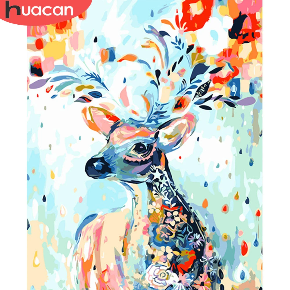 HUACAN Oil Painting Animal Drawing Canvas Acrylic Wall Art Picture By Number Deer Handpainted Gift Home Decor | Дом и сад