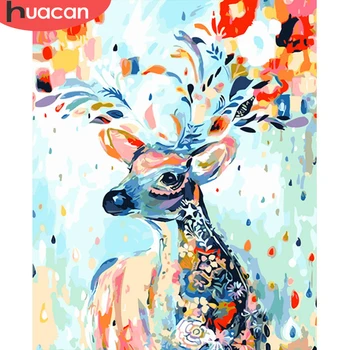 

HUACAN Oil Painting Animal Drawing Canvas Acrylic Wall Art Picture By Number Deer Handpainted Gift Home Decor