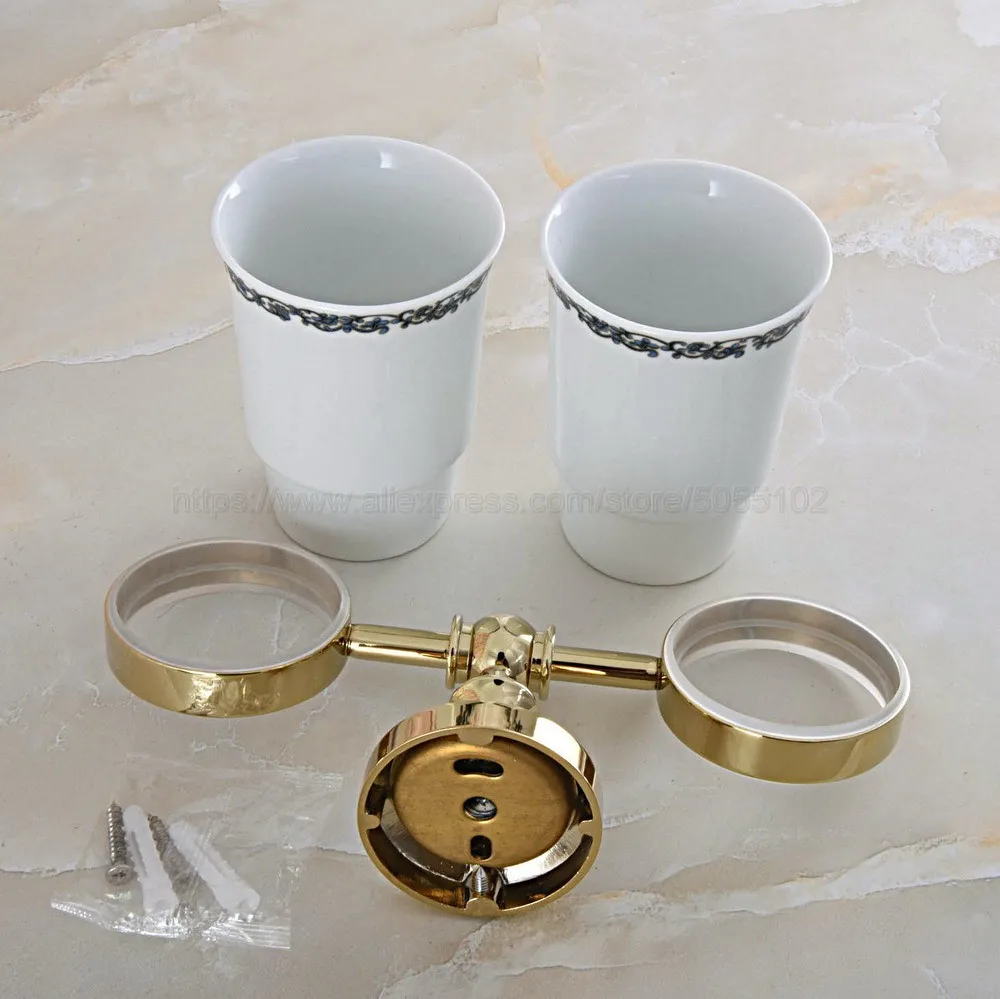 Золотые латунные настенные Двойные держатели для зубных щеток с 2 Creamic чашки футляр для зубной щетки держатели для ванной комнаты Аксессуары zba316