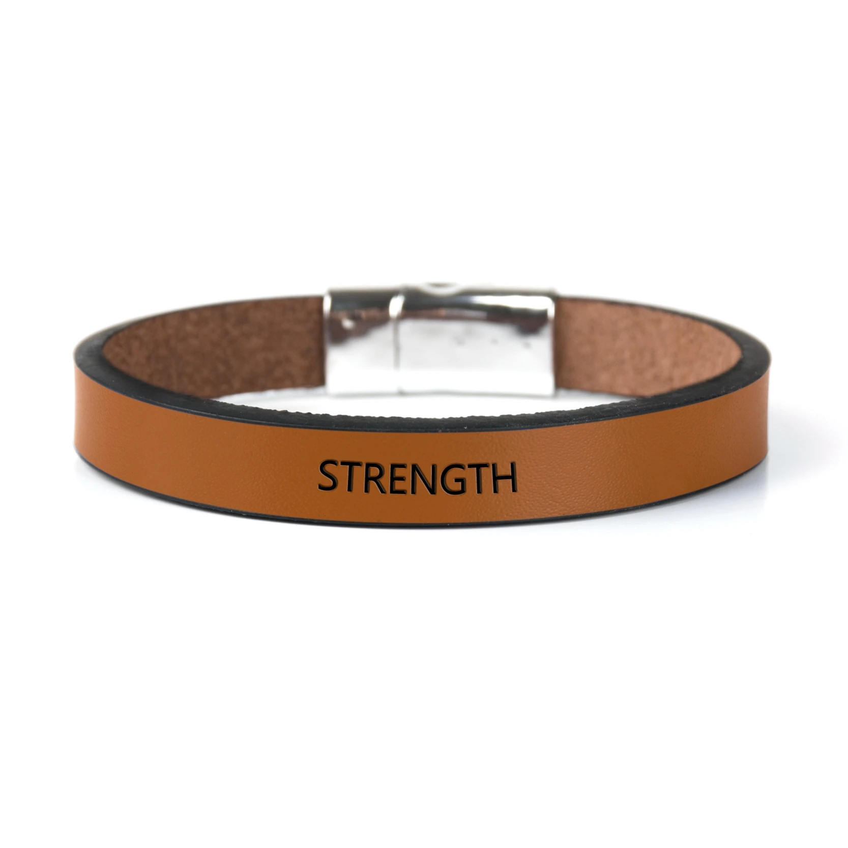 Brown STRENGTH Engraved English Letters Bracelet Magnetic Buckle Leather Inspirational Bracelets Mantra Cuff Bracelet Gift - Окраска металла: Brown