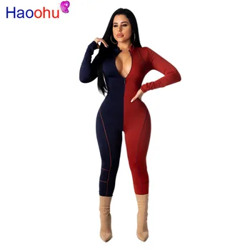 

New Winter Women O-Neck Full Sleeve Jumpsuits Zipper Patchwork Color Casual Skinny Rompers Sexy One Piece Outfits