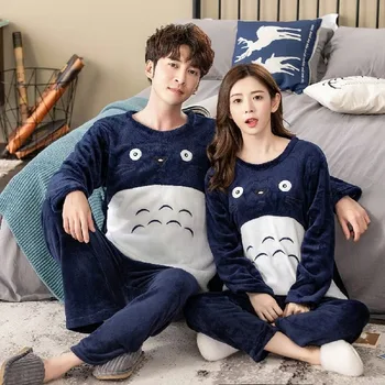 

Winter Long Sleeve Women Pajamas Set Warm Cartoon Chinchilla Flannel Pajama Couple Coral Velvet Sleep Wear Pyjamas 2Piece Set