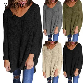 

YAYEYOU 2020 Plus Size Women Fall Clothes V-neck Basic Sweater Long Sleeve Pure Color Loose Casual Pullovers
