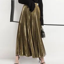 Бархатная длинная Плиссированная Женская юбка, модная плиссированная однотонная длинная юбка с высокой талией, Женская винтажная черная Корейская женская юбка
