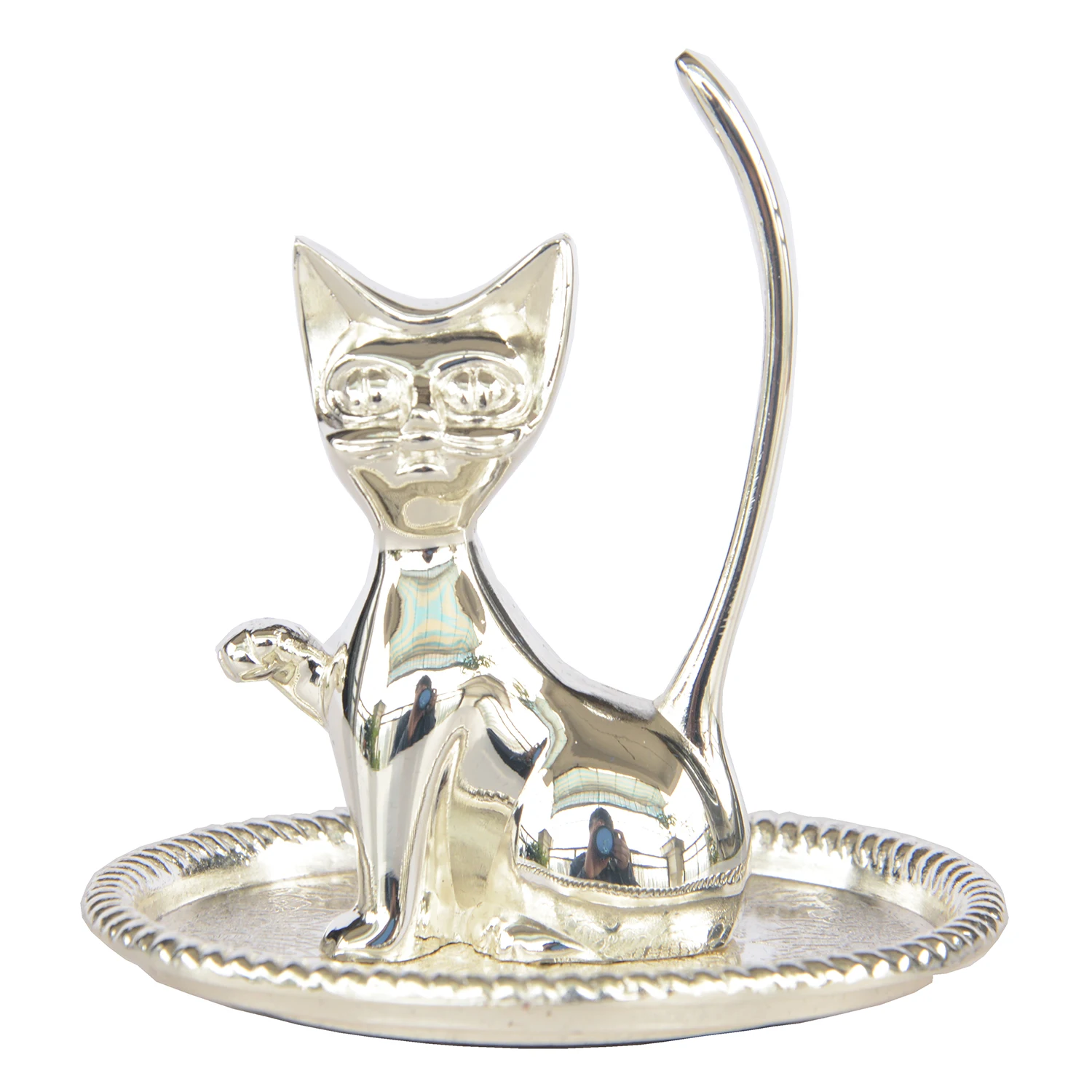 Silver Plated Long Tail Cat Ring Holder Dish Metal Trinket Tray