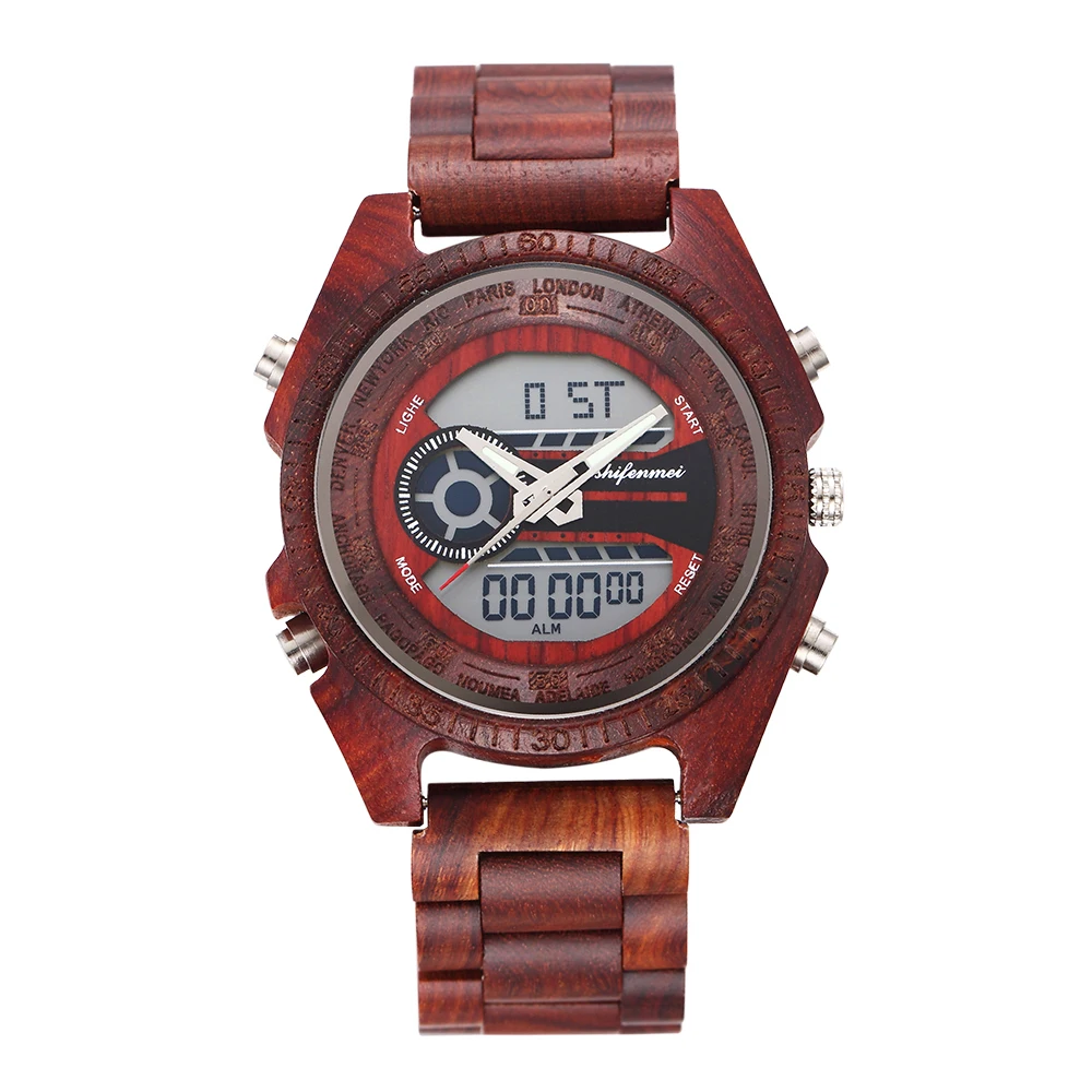 S2139W-5 Shifenmei мужские часы деревянные часы Мужские лучший бренд класса люкс светодиодный спортивные часы Военные Наручные часы деревянные Relogio Masculino цифровые - Цвет: S2139W-5