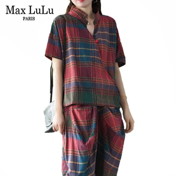 

Max LuLu New 2020 Chinese Style Fashion Summer Ladies Vintage Plaid Outfits Womens Casual Tops And Pants Female Two Piece Sets