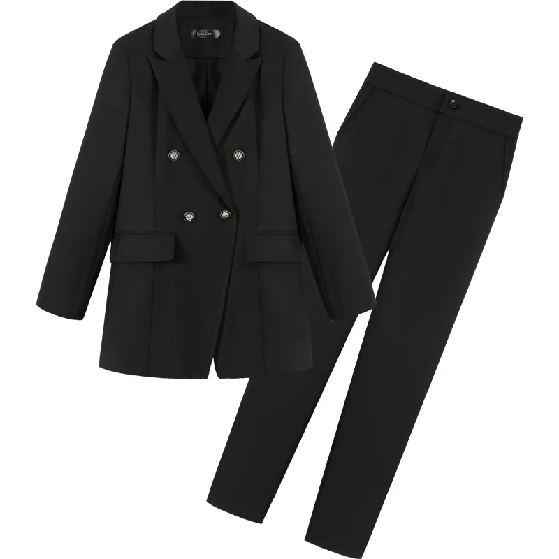 Осень Для женщин Офисные женские туфли комплект из 2 предметов, черный элегантный двубортный отложной Воротник пиджаки Trouesrs плюс Размеры 5XL брючные костюмы для женщин