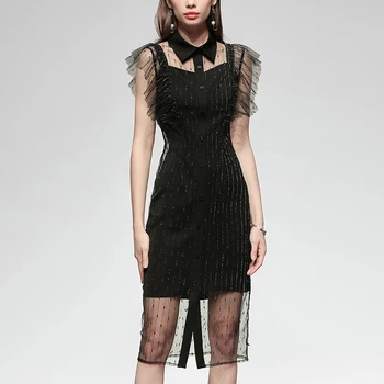 

Seifermann Summer Fashion Designer Sexy Mesh dress Women Club Turn-down Collar Butterfly Sleeve Ladies Midi Dress Vestoidos 2020