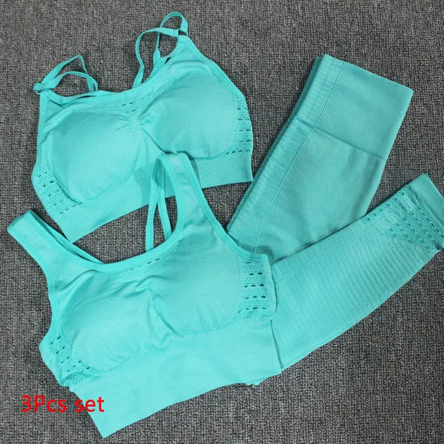 Green 2pcs set 3 шт Женский бесшовный Набор для йоги одежда для фитнеса спортивная одежда мягкий пуш-ап спортивный бюстгальтер+ леггинсы с высокой талией спортивный костюм - Цвет: Green 2pcs set