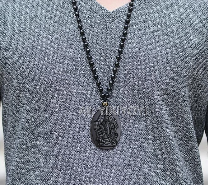 Pendant Necklace Beautiful Handwork Natural Black Obsidian Carved Elephant Nose Buddha God of Wealth Lucky Pendant + Beads Necklace Gift Jewelry