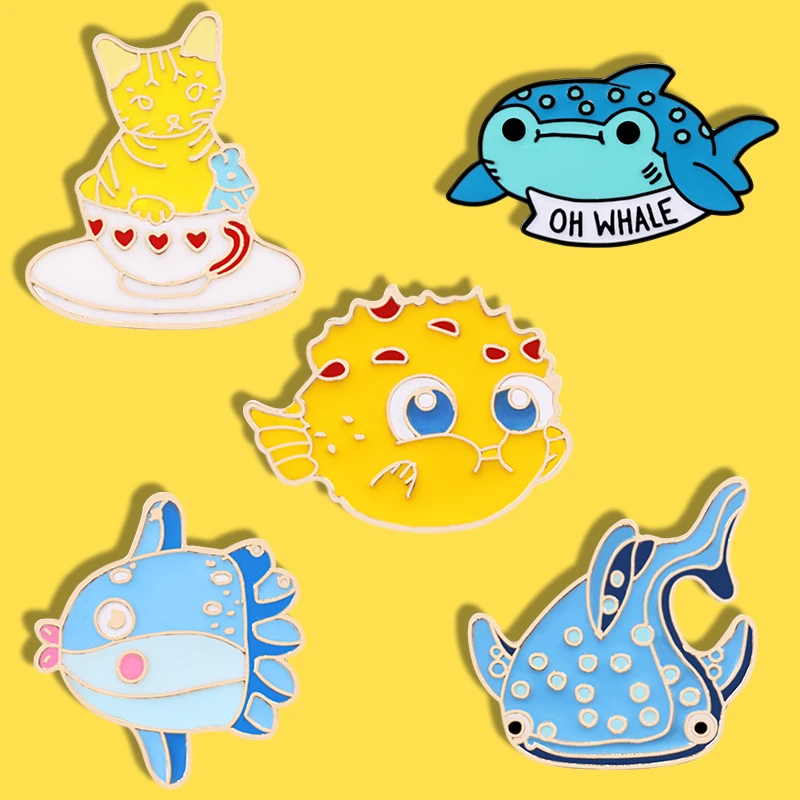 黄色 青色超かわいい素敵な漫画の動物のブローチ猫海洋生物サメフグ魚タコピン海キューティーズ女の子子供ギフト Brooches Aliexpress