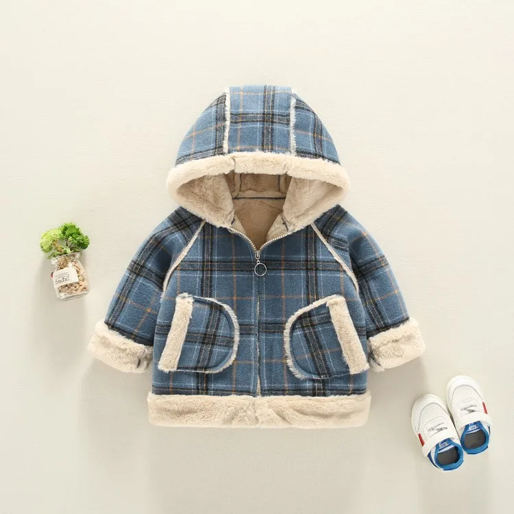 Winter Girls Hooded Clothes Plus Velvet Thick Korean Baby Thick Fur Collar Plaid Warm Jacket Baby Boy Jacket