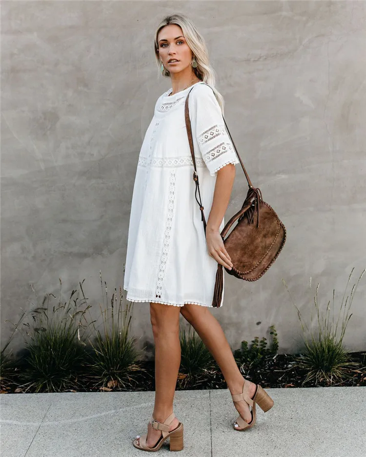 Tunic Bikini Cover-ups White Cotton Tunic Beach Dress Summer Women Beachwear Sexy V-Neck Button Front Beach Cover Up