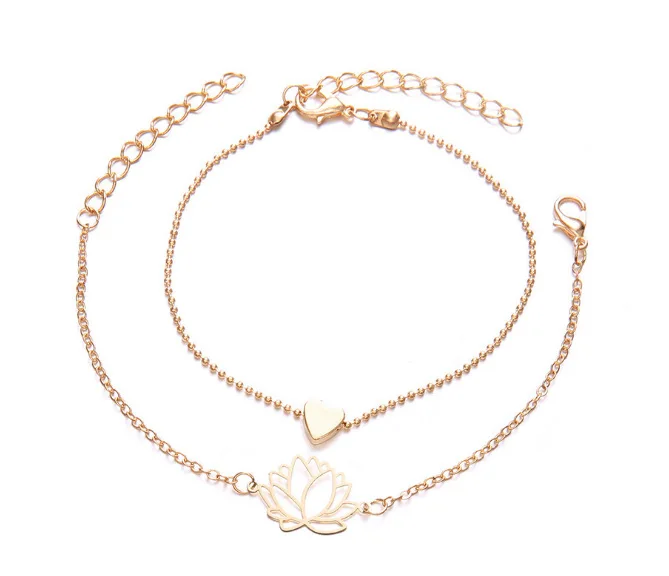 

(2 Set Anklet) Europe And America New Style Simple Women's Cool Hollow out Lotus Anklet Heart Foot Ornaments