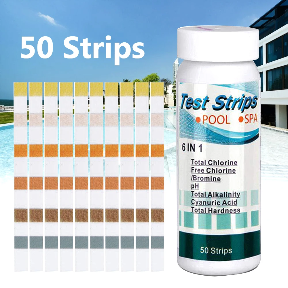 50pcs 6 In 1 Swimming Pool PH Test Strips Paper Residual Chlorine PH