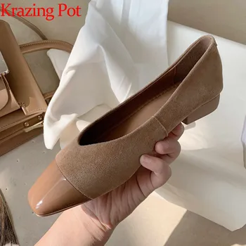 

Krazing pot 2020 new kid suede square handmade high quality simple Korean street style slip on shallow summer women flats L09