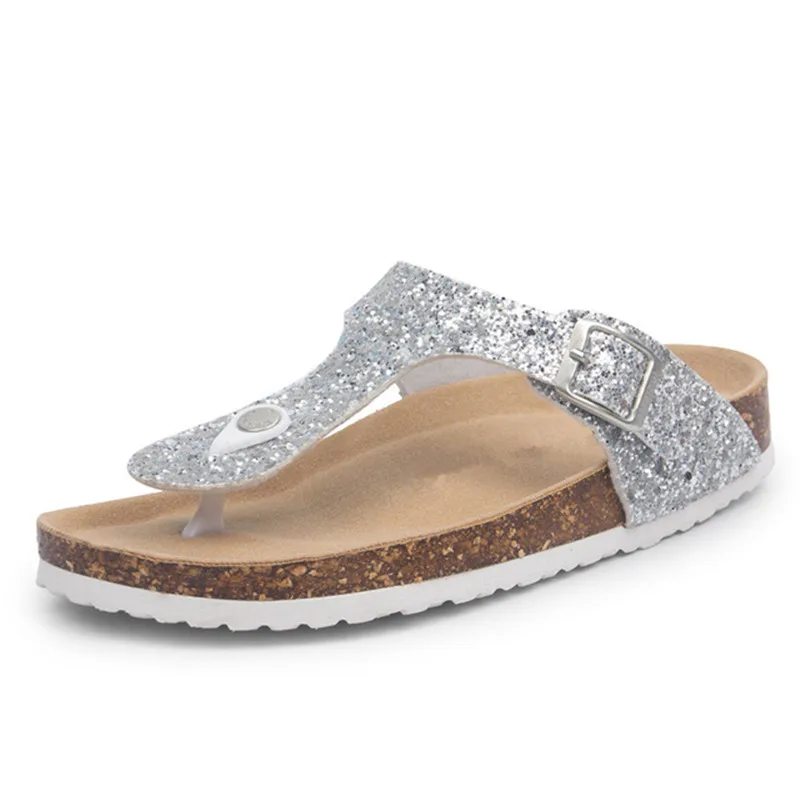 

2020 Casual Summer New Bling Beach Cork Flip Flops Slippers Men Sequins Fashion Flat Slip on Slides Shoe black white brown red