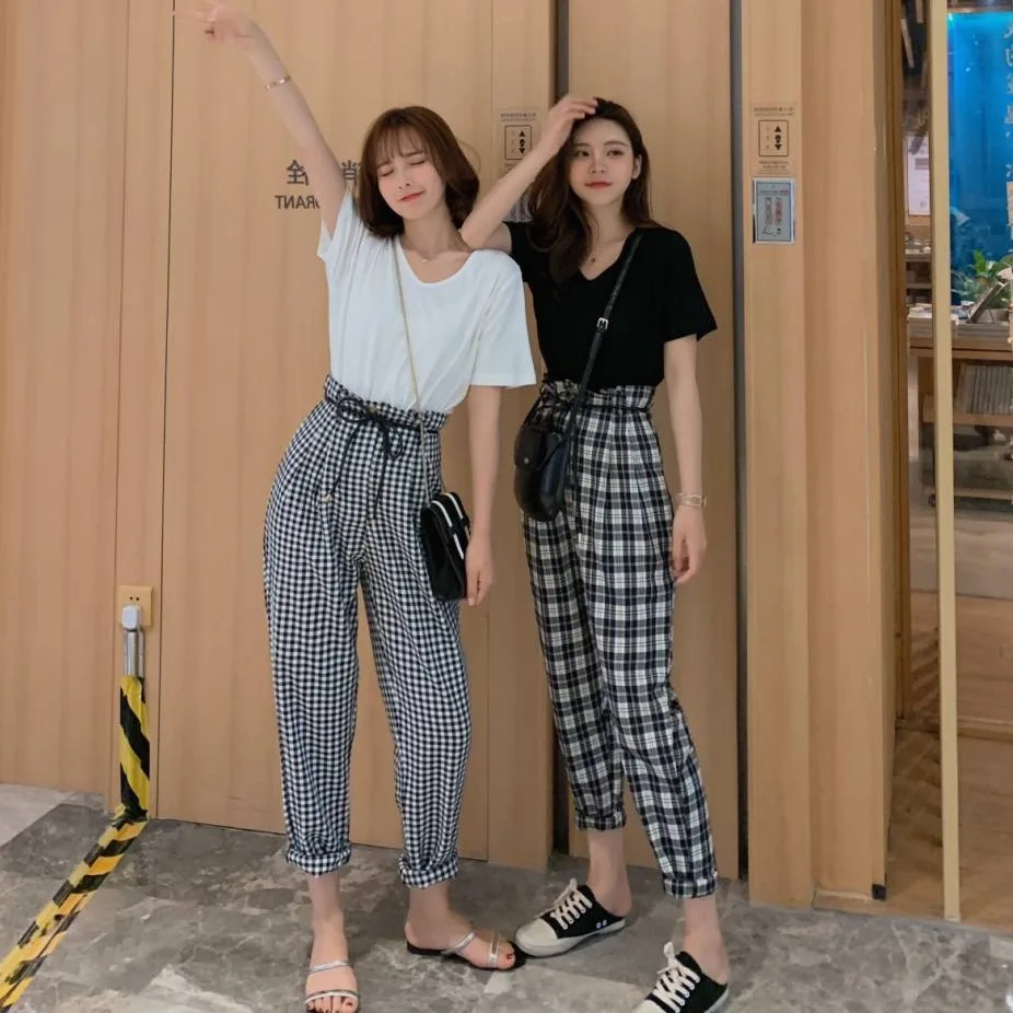

Photo Shoot CHIC Harajuku BF Plaid High-waisted Lace-up Crimping Straight-Cut Harem Pants College Style Short Sleeve T-shirt WOM
