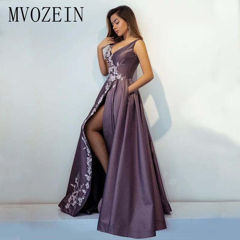 

2019 New Listing Evening Dresses Long A-Line V-Neck Sleeveless High Split Lace Appliques Evening Dress Formal Gowns Vestidos
