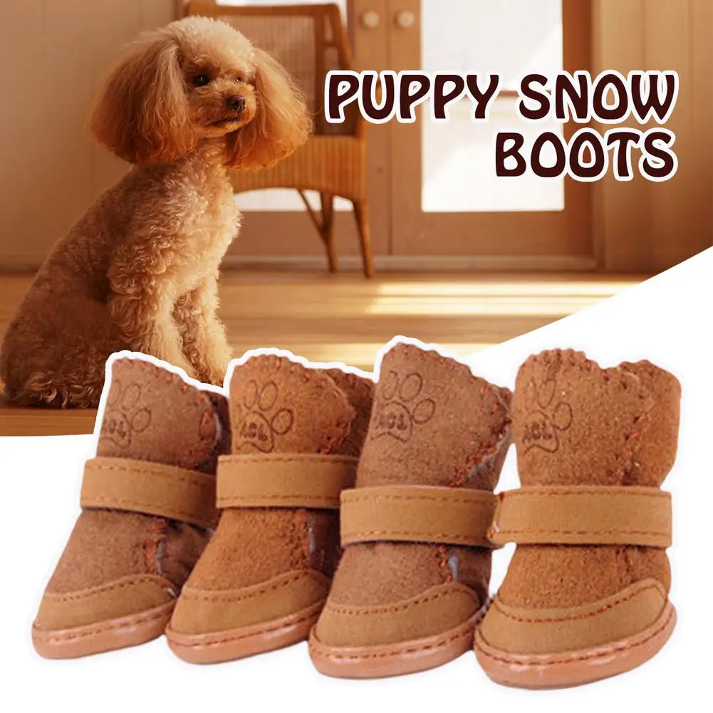 Winter Small Dog Boots Anti-Slip Puppy Shoes Pet Protective Snow Booties Brown 