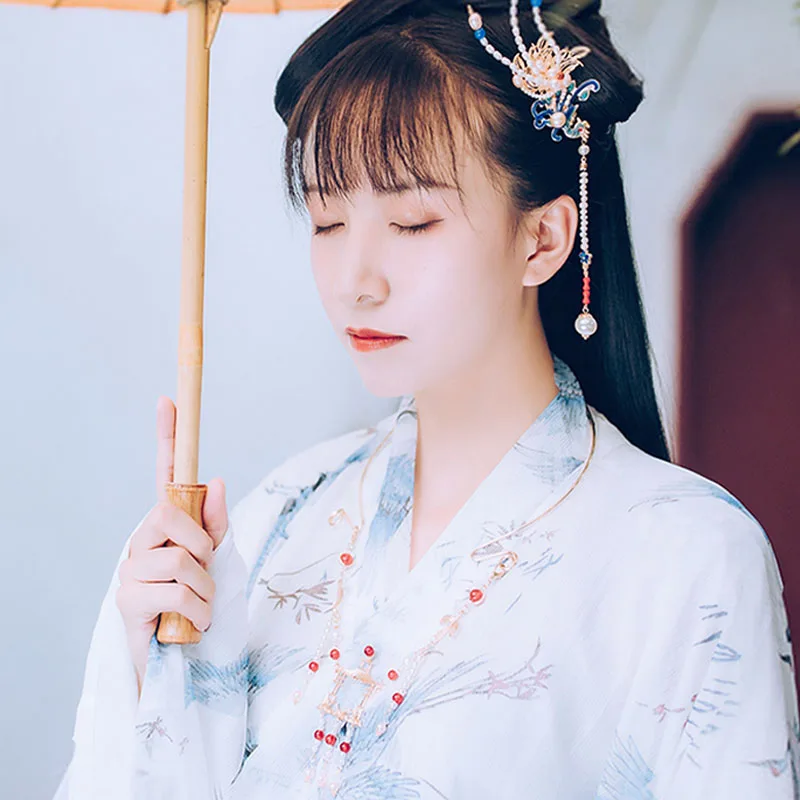 QIANJI китайский головной убор Hanfu, жемчужная Шпилька с кисточками, Шпилька для девочек, старинный стиль, ожерелье, ювелирный головной убор