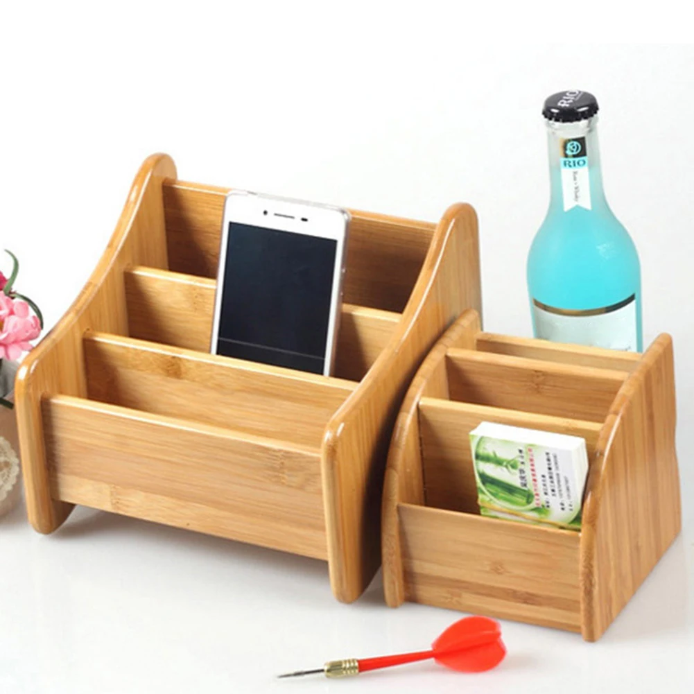3 Grid Bamboo Remote Control Storage Box Stationery Headphone Cable Cell Phone School Office Desktop Decoration Organizer