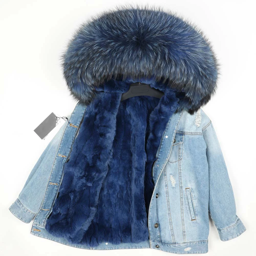 Flash Deal OFTBUY 2019 Winter Jacket Women Real Fur Coat Parka Real raccoon collar Rex Rabbit liner striped bomber Denim jacket Streetwear 7