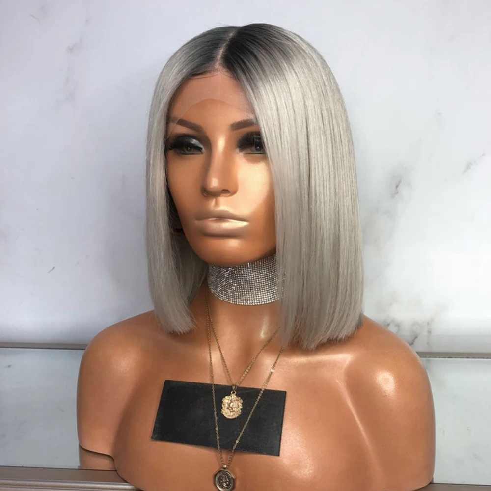 

DLME Lace Front Wig Bob Wig 12"intch Short Ombre Gray Wig with Dark Roots Natural Straight Synthetic Wig