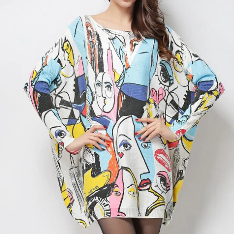 

2019 Autumn Smiley Graffiti Printing Sweater Women Loose Fashion Wool Blend Oversized Sweaters Pullover Female Knitwear s487