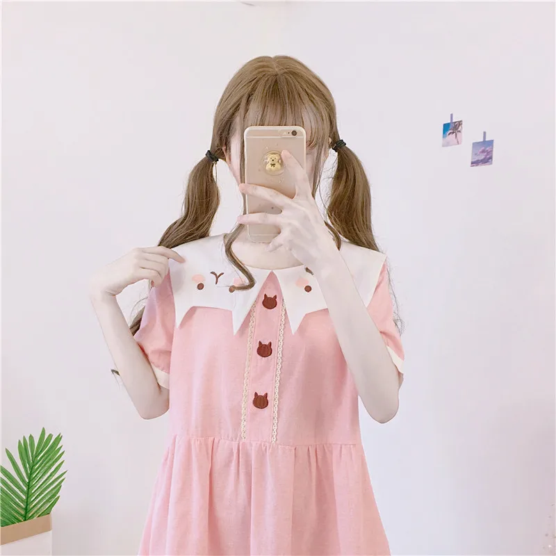 short sleeve Pink Милые женские милые мешковатые летние платья милый кот платье, свободные матросские Colar платье консервативный Стиль Одежда - Цвет: short sleeve Pink